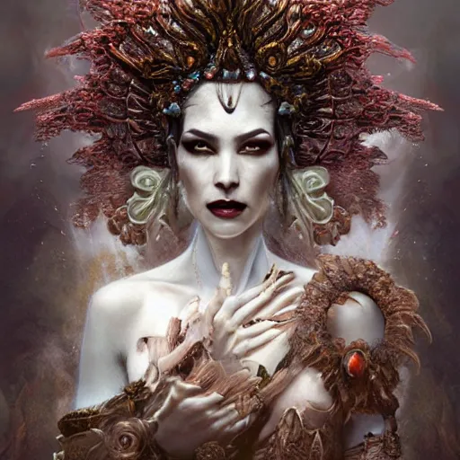 Image similar to a beautiful detailed 3d matte painting of female empress of the dead, by ellen jewett, tomasz alen kopera and Justin Gerard, symmetrical features, ominous, magical realism, texture, intricate, ornate, royally decorated, skull, skeleton, whirling smoke, embers, red adornements, red torn fabric, radiant colors, fantasy, trending on artstation, volumetric lighting, micro details, 3d sculpture, ray tracing, 8k