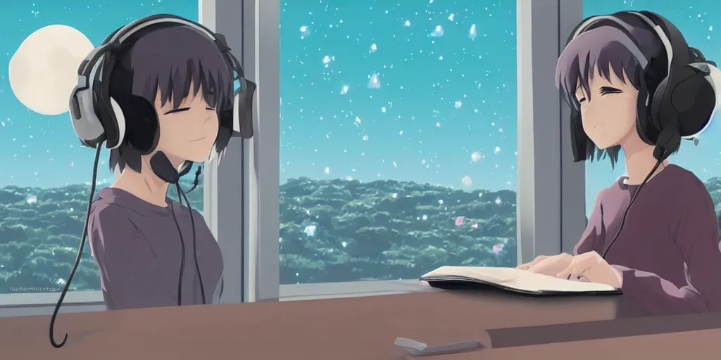 Prompt: anime lofi girl wearing headphones and studying in front of a window with an epic view of outer space