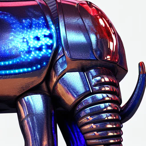 Image similar to hyper realistic cybertronic armored elephant. high details. blue and red leds. complex mechanical body. intricate, trending on art station, 8 k render.