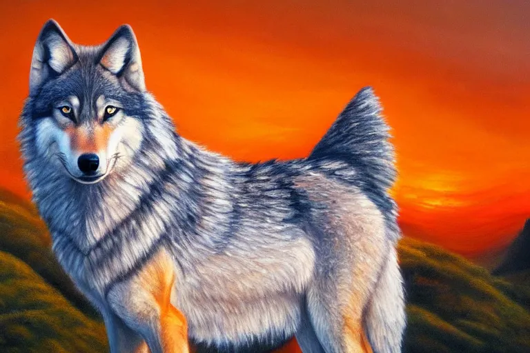 Image similar to wolf on the mountain, extremely detailed oil painting, sunset, orange gradient, 8k