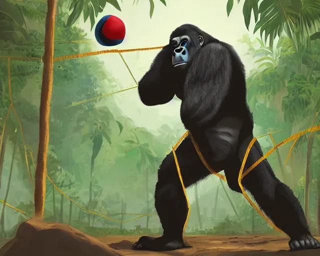 Prompt: a gorilla holding a volleyball and playing volleyball in a jungle, volleyball net, digital illustration, in the style of greg rutkowski, high detail