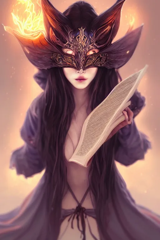 Image similar to gorgeous!!! hyper - realstic sorceress with a kitsune mask, holding a tattered book, casting a spell | drawn by wlop, drawn by jeehyung lee, drawn by artgerm | intricate, highly detailed, digital painting, character design, concept art, illustration, artstation