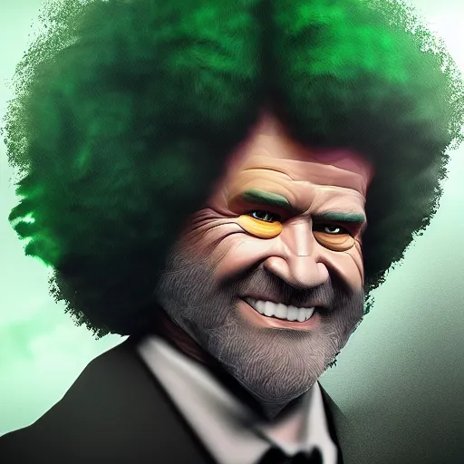 Image similar to photomanipulation of BOB ROSS as hulk, marvel, fully detailed, volumetric lightening, octane render