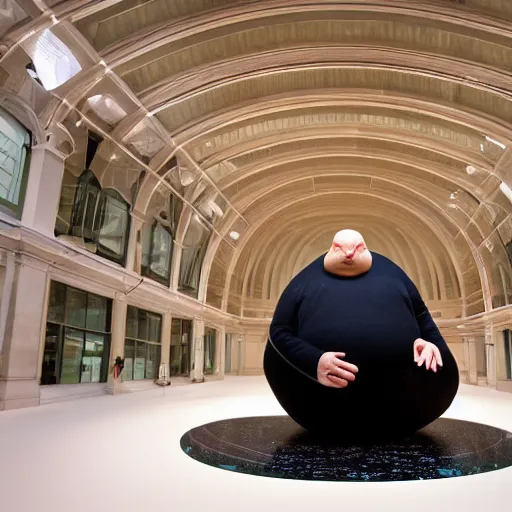 Prompt: a rotund man with fish head praying, ron mueck masterpiece, wide angle view, exhibition