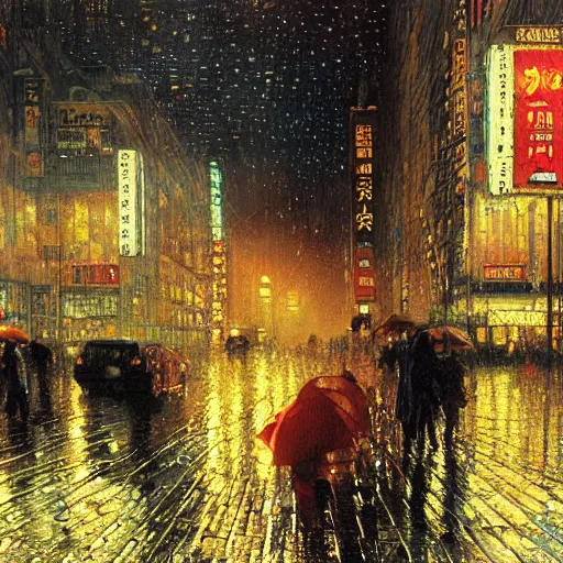 Prompt: street city, hyperrealism, no blur, 4 k resolution, ultra detailed, starry night, puddles, rain, storm, neotokyo, bladerunner, foggy, style of john berkey, norman rockwell, hans thoma, ivan shishkin, tyler edlin, thomas kinkad