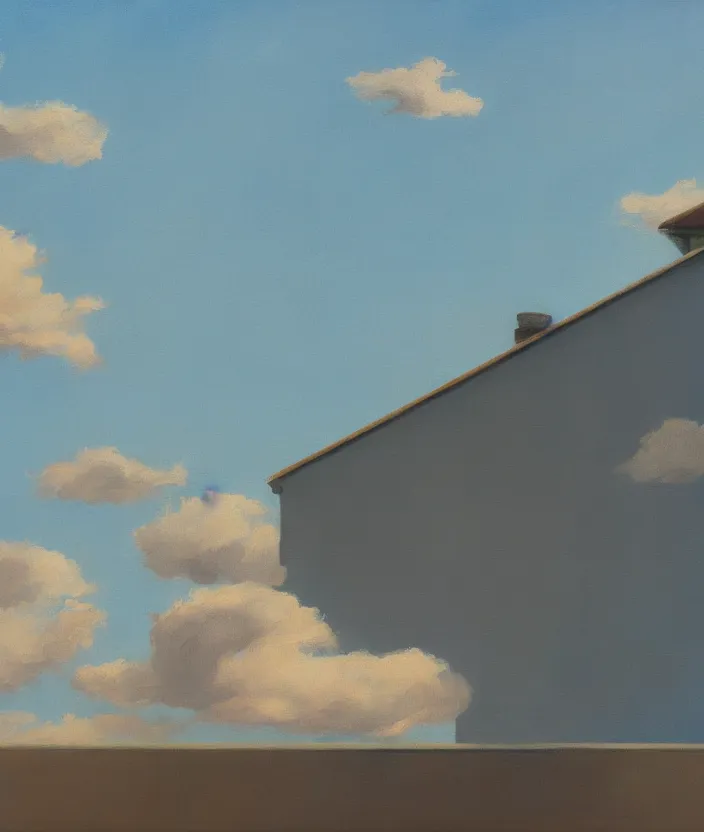 Image similar to baby blue sky with aesthetic clouds, in the style of edward hopper, very fine brushstrokes, 4 k,