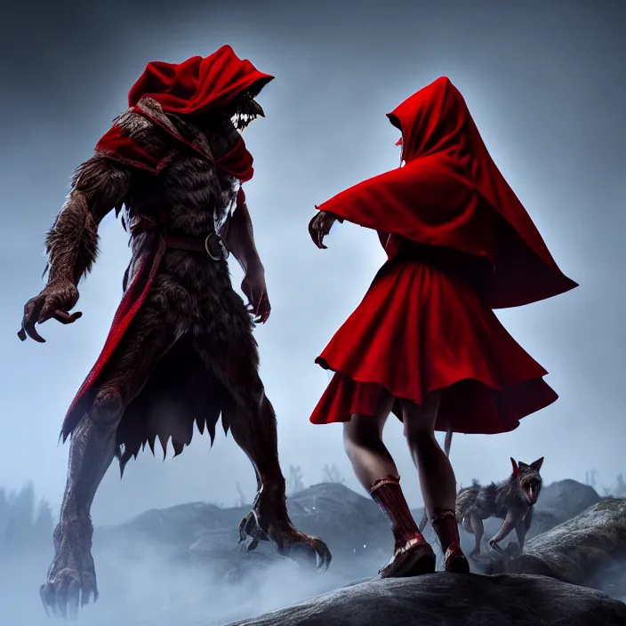 Image similar to beautiful red riding hood warrior confronting a werewolf ,highly detailed, 8k, HDR, award-winning, trending on artstation, octane render