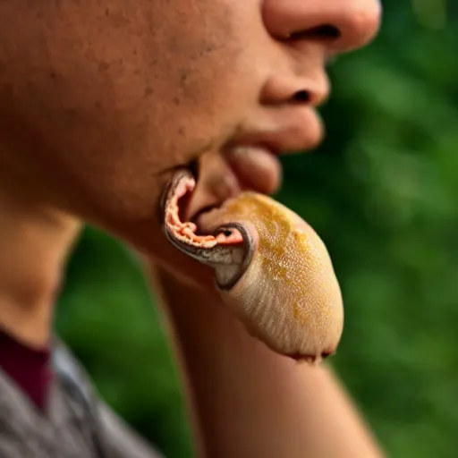 Prompt: photo of a slug biting a person's arm off