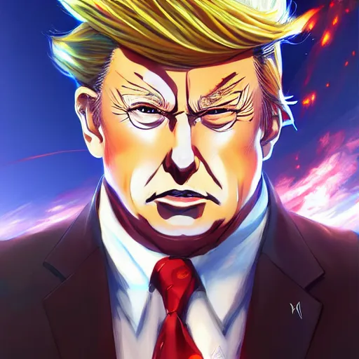 Image similar to anime portrait of trump x elon musk hybrid as an anime antagonist by Stanley Artgerm Lau, WLOP, Rossdraws, James Jean, Andrei Riabovitchev, Marc Simonetti, and Sakimichan, trending on artstation