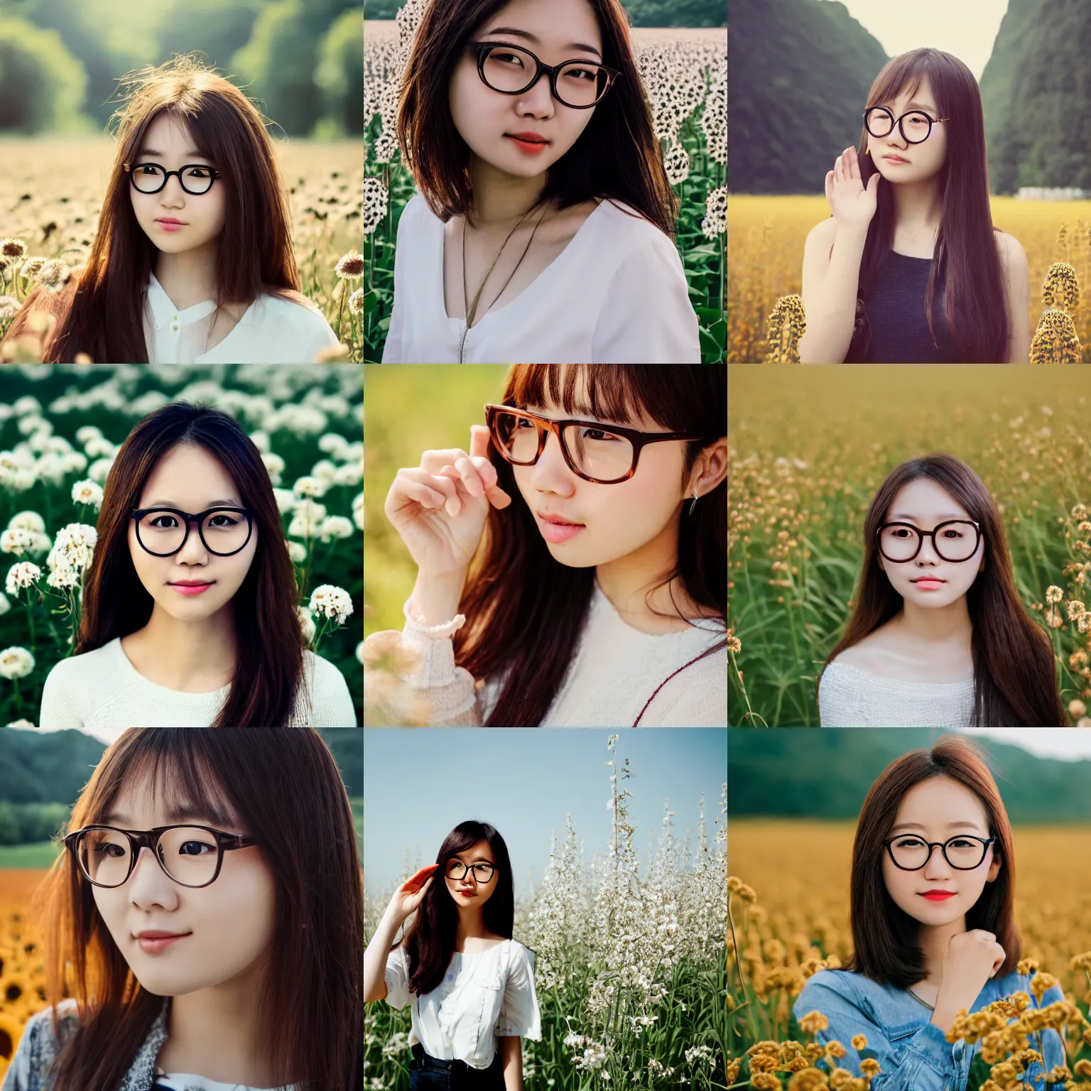 Prompt: portrait, award - winning, cute, adorable, short, brown colored long hair, wearing round glasses and trendy white clothing, korean girl, flower field background, sunny day, bokeh, intricate, highly detailed face and hand, 8 k