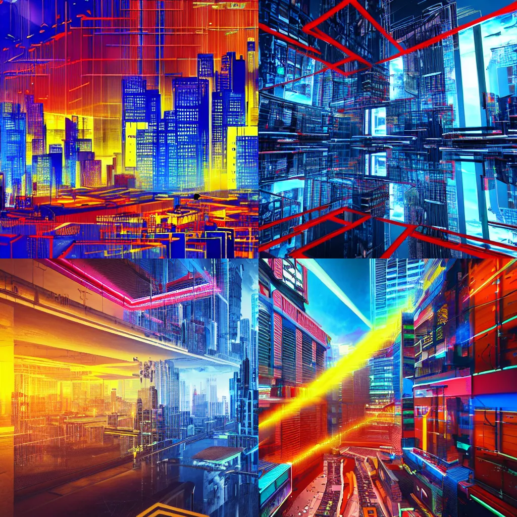 Prompt: a cyberpunk city seen from indoors, yellow and blue colors inside, red and blue colors outside