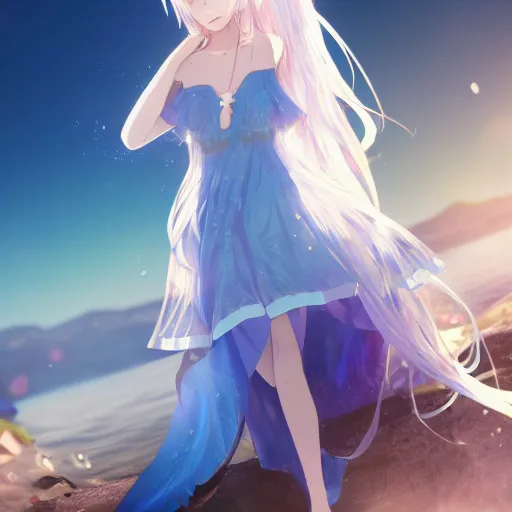 Image similar to a very beautiful anime girl wearing a dress made of water standing in a crystal lake , full body, long white hair with azure blue highlights blending into the dress , azure blue watery eyes, full round face, seductive over the shoulder glances , lens flare, cinematic lighting, medium shot, mid-shot, highly realistically detailed, trending on artstation, Unreal Engine 4k, Stanley Artgerm Lau, WLOP, Rossdraws, James Jean, Andrei Riabovitchev, Marc Simonetti, and Sakimichan