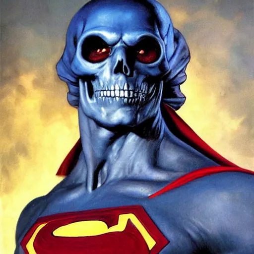 Prompt: ultra realistic portrait painting of skeletor as superman, art by frank frazetta, 4 k, ultra realistic, highly detailed, epic lighting