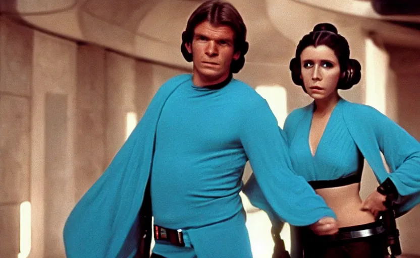 Image similar to screenshot portrait of Princess Leia and Han Solo in a teal, round Temple scene from 1980s film by Stanley Kubrick, 4k serene, iconic shot, surreal sci fi set design, photoreal portrait Carrie fischer and Harrison Ford, detailed face, moody lighting stunning cinematography, hyper detailed, sharp, anamorphic lenses, kodak color film