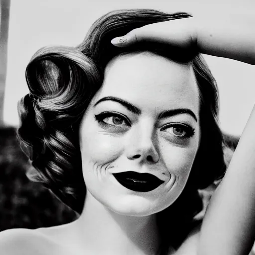 Image similar to Emma Stone as a pinup girl, XF IQ4, 150MP, 50mm, f/1.4, ISO 200, 1/160s, natural light, Adobe Lightroom, photolab, Affinity Photo, PhotoDirector 365, filling the frame, rule of thirds, symmetrical balance, depth layering, polarizing filter