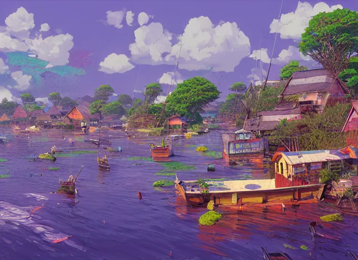 Prompt: fishing village, sipadan, summer morning, very coherent and colorful high contrast, art by gediminas pranckevicius, geof darrow, makoto shinkai, dark shadows, hard lighting