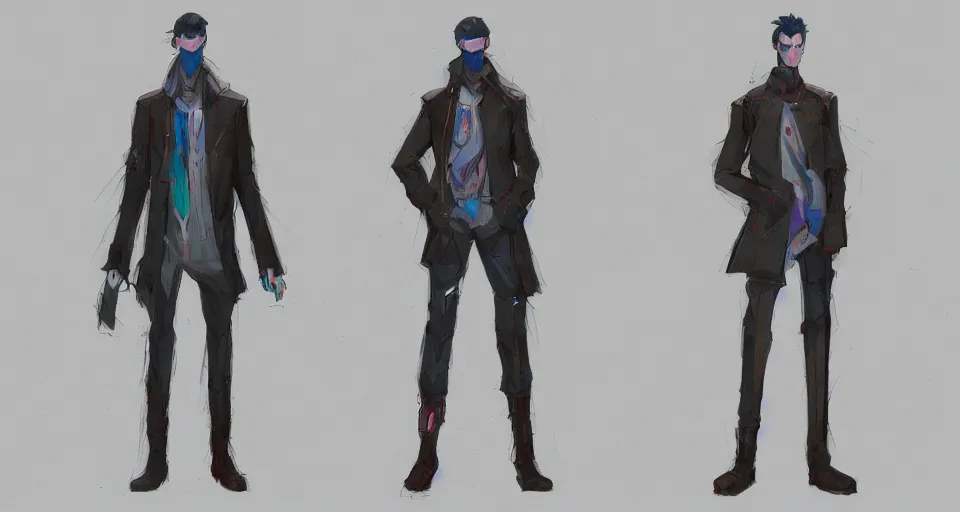 Prompt: concept art of a lean and lanky man that has a TV as a head and wears a cyberpunk coat, concept art, turnaround world building, character design