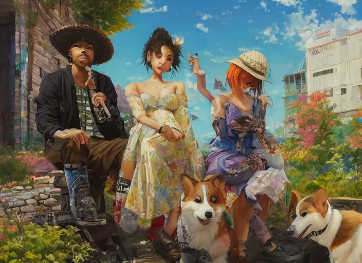 Prompt: beautiful anime painting of sunny Hiphop solarpunk summertime chill with corgi, by Tim Okamura, Victor Nizovtsev, Greg Rutkowski, Noah Bradley. trending on Artstation, 8k, masterpiece, graffiti paint, fine detail, full of color, intricate detail, golden ratio illustration