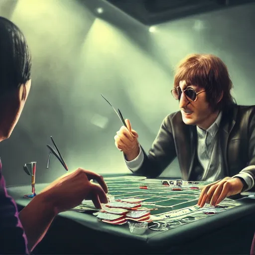 Image similar to john lennon playing poker, hyper detailed, dramatic lighting, cgsociety, realistic, hyper detailed, insane details, intricate, dramatic lighting, hypermaximalist, golden ratio, rule of thirds, octane render, weta digital, micro details, ultra wide angle, artstation trending, 8 k,