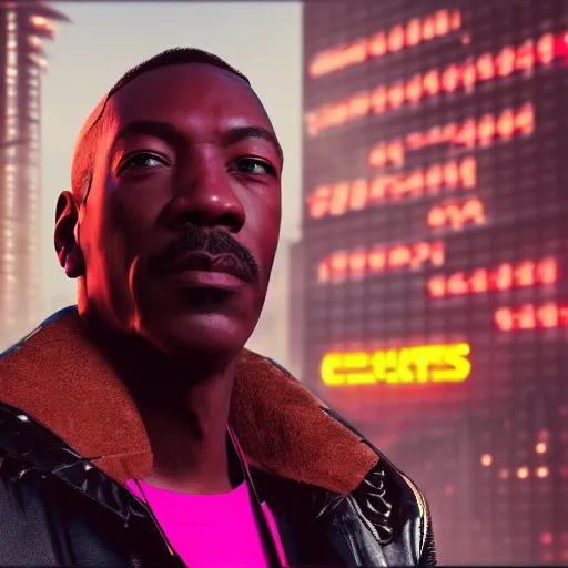 Image similar to eddie murphy portrait, Cyberpunk 2077, cyberpsycho, photorealistic, ultra detailed, neon, octane, bokeh, cyber, cyberpunk city, feature, scars, cyberface, 8k