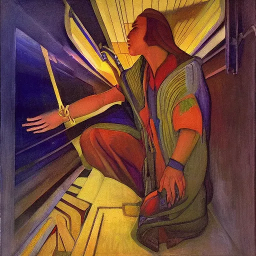 Image similar to the shaman of the subway, an art deco painting by annie swynnerton and leo and diane dillon and diego rivera and nicholas roerich, dramatic lighting, god rays, smooth, sharp focus, highly detailed