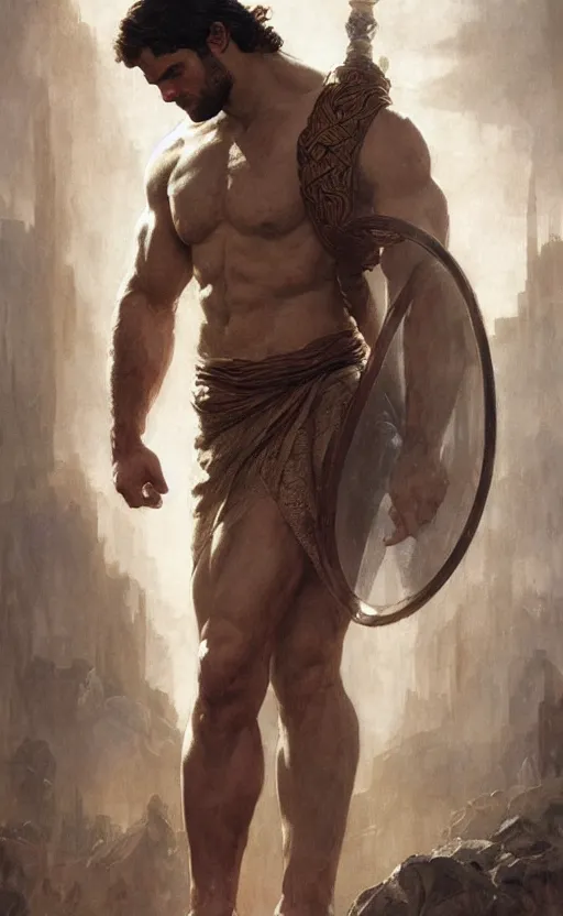 Image similar to Henry Cavill as a Greek god, gorgeous, amazing, muscular, intricate, highly detailed, digital painting, artstation, concept art, sharp focus, illustration, art by greg rutkowski and alphonse mucha