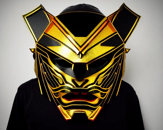 Image similar to prism samurai tiger mask, product photography, deep black background, fantasy, highly detailed, texture, shimmering, wlop, concept art, digital art, symmetrical features, 8k, golden-ratio, canvas, Wangechi Mutu, artstation, rule of thirds