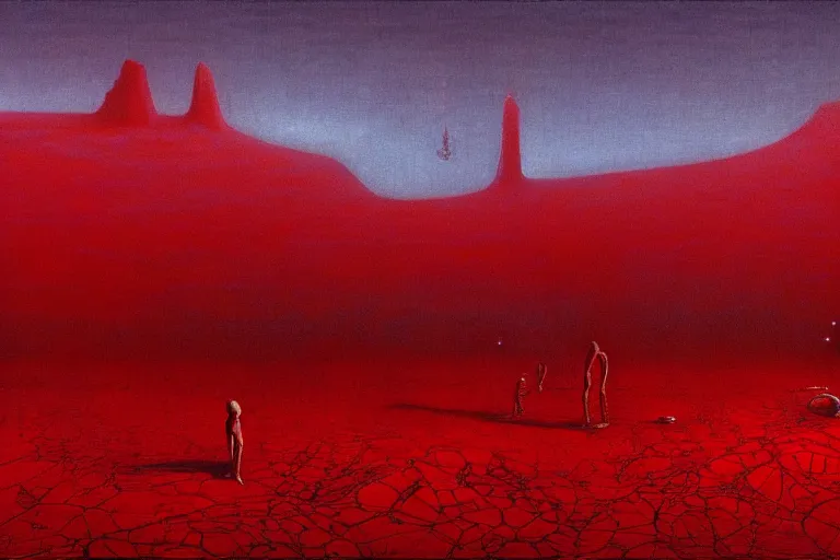 Image similar to only with red, red god of death eat apple, a futuristic city on mars in the background, red worms on the floor, in the style of beksinski, part by hopper, part by rodcenko, part by hofbauer, intricate composition, red by caravaggio, insanely quality, highly detailed, masterpiece, red light, artstation, 8 k