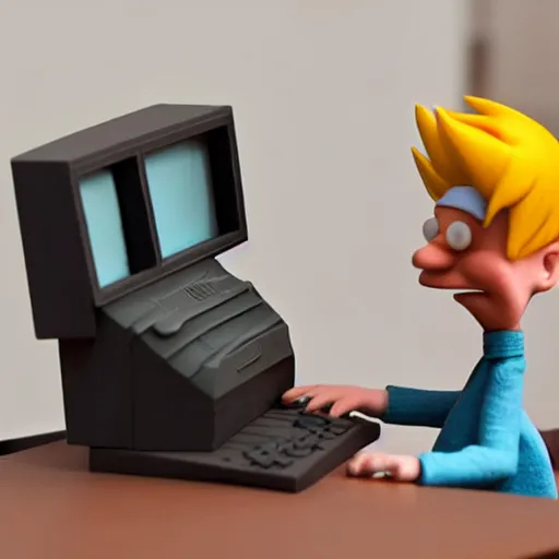 Prompt: fry hugging a computer, futurama claymation art, diorama