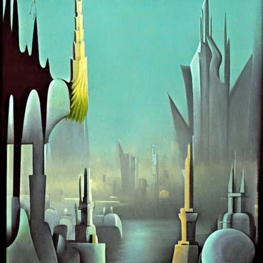 Prompt: by yves tanguy, by thomas w schaller doom. a beautiful land art of a cityscape with tall spires & delicate bridges.
