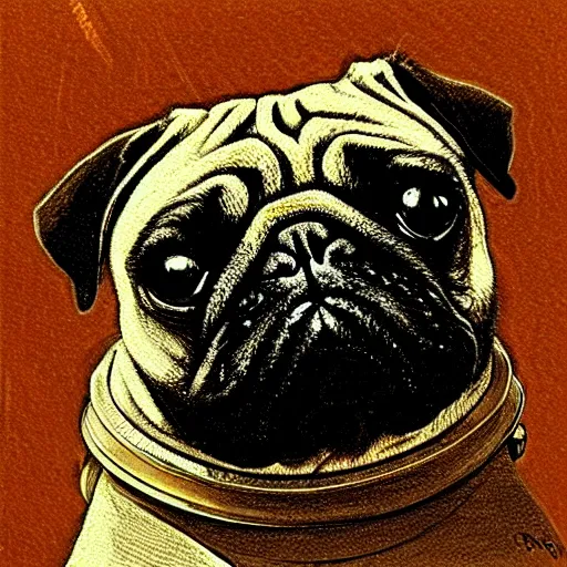 Image similar to pencil art, golden - ratio, spirals, highly detailed, astronaut pug in outer space by davinci.