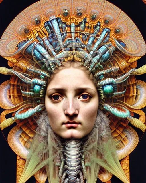 Image similar to hyperrealistic detailed face portrait of the beautiful goddess of the giant isopods with an intricate golden ornamental geometrical fractal giant isopod masked headdress, art by ernst haeckel, john william godward, android jones, alphonso mucha, h. r. giger, gothic - cyberpunk, ornamental, dimmed pastel colours,