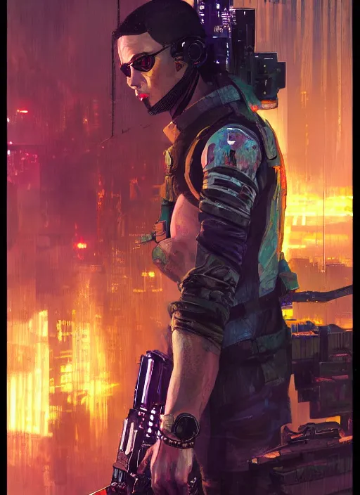 Image similar to Ezra. Cyberpunk mercenary in tactical gear climbing a security fence. rb6s, (Cyberpunk 2077), blade runner 2049, (matrix) Concept art by James Gurney, Craig Mullins and Alphonso Mucha. painting with Vivid color.