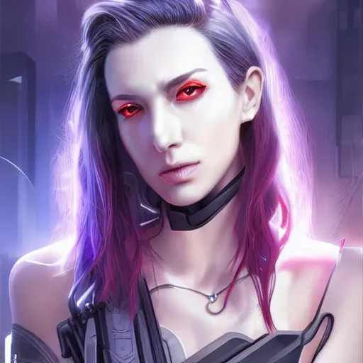 Image similar to portrait of pale smiling cyberpunk girl, cover by Artgerm