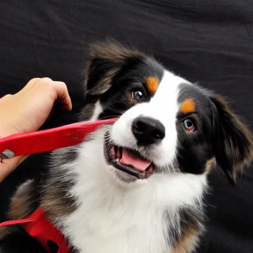 Image similar to australian shepherd fighting darth vader