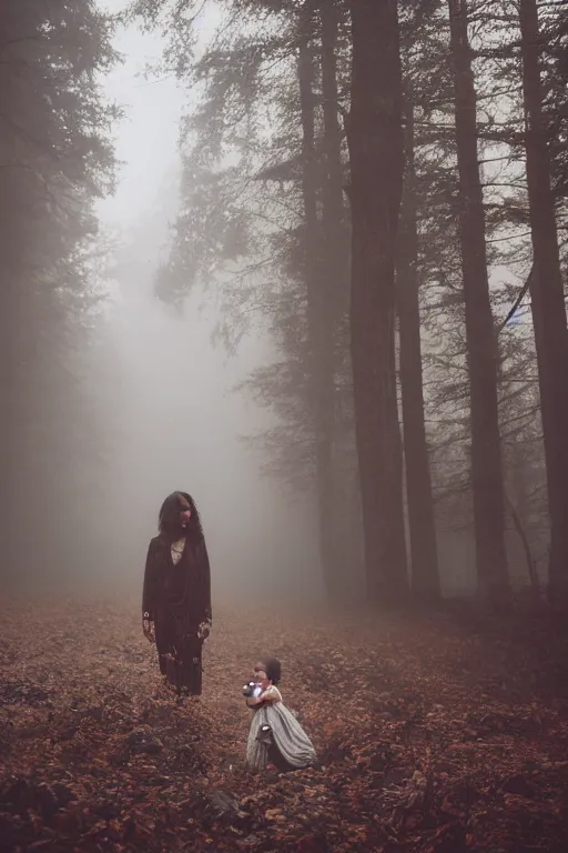 Prompt: a cinematic photo of a young woman with dark hair holds a baby in a dark, foggy forest, masterpiece