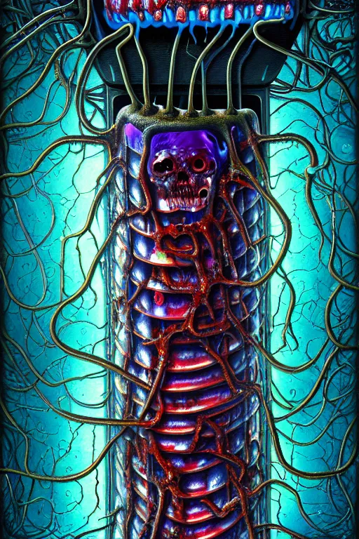 Prompt: a detailed photorealistic image of a transparent jelly nightmare zombie horror machine depth of field electronic chemistry by johfra bosschart, lisa frank, dark fantasy art, high detail, trending on artstation