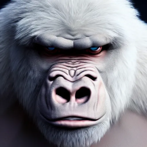 Image similar to angry tough albino gorilla. interesting 3 d character concept by square enix, game art, hyper detailed, character modeling, cinematic, final fantasy, video game character concept, ray tracing, fur details, maya, c 4 d