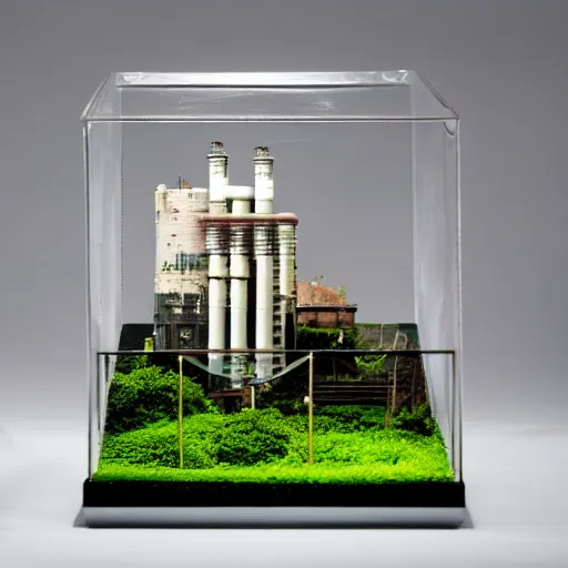 Image similar to a large terrarium with a diorama of a nuclear power station inside on top of a minimalist table, lit from the side