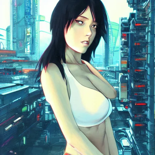 Image similar to concept art character, very high angle view, book cover, very attractive woman with full lips, slender figure, walking in cyberpunk valley highly realistic, fine details, Anime, realistic shaded lighting by Ilya Kuvshinov katsuhiro otomo ghost-in-the-shell, magali villeneuve, artgerm, rutkowski, WLOP Jeremy Lipkin and Giuseppe Dangelico Pino, borderlands 3 style, Michael Garmash and Rob Rey book cover, extremely fine inking lines