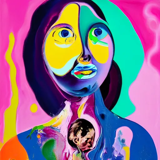 Prompt: woman holding a baby, an ultrafine detailed painting by peter max and francis bacon and fiona rae and hernan bas and anna mond, featured on deviantart, metaphysical painting, biomorphic, mixed media, photorealistic, dripping paint, palette knife texture, masterpiece