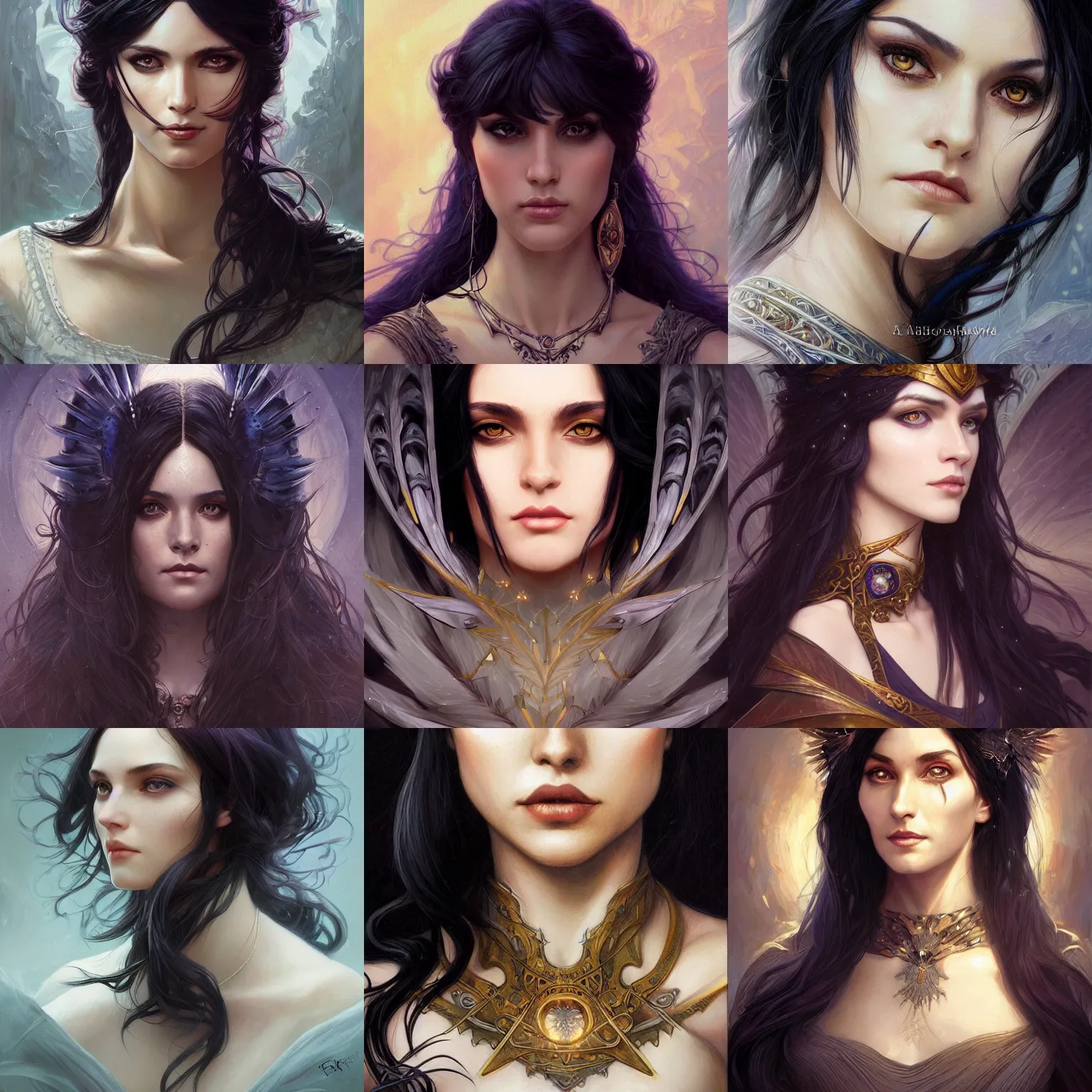 Prompt: portrait of a raven-haired female sorceress, beautiful eyes, elegant, intricate, headshot, D&D, fantasy, highly detailed, digital painting, artstation, concept art, sharp focus, illustration, art by artgerm and greg rutkowski and alphonse mucha