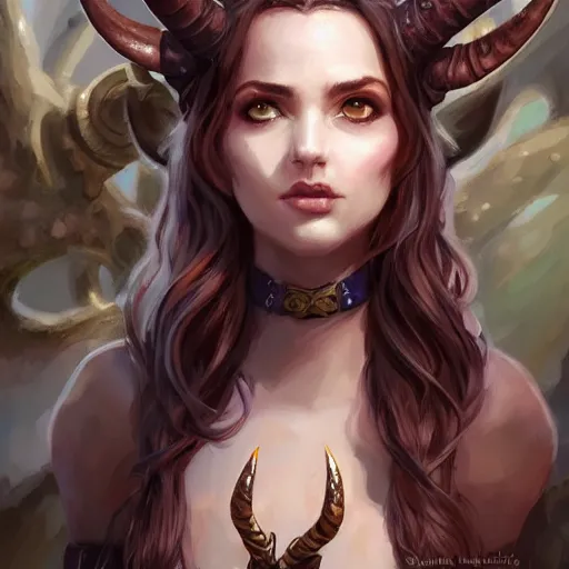 Image similar to cute Whimsical Tiefling Druid with cute horns , light-brown skin, D&D, fantasy, portrait, highly detailed, digital painting, artstation, concept art, sharp focus, illustration, art by artgerm and greg rutkowski and magali villeneuve