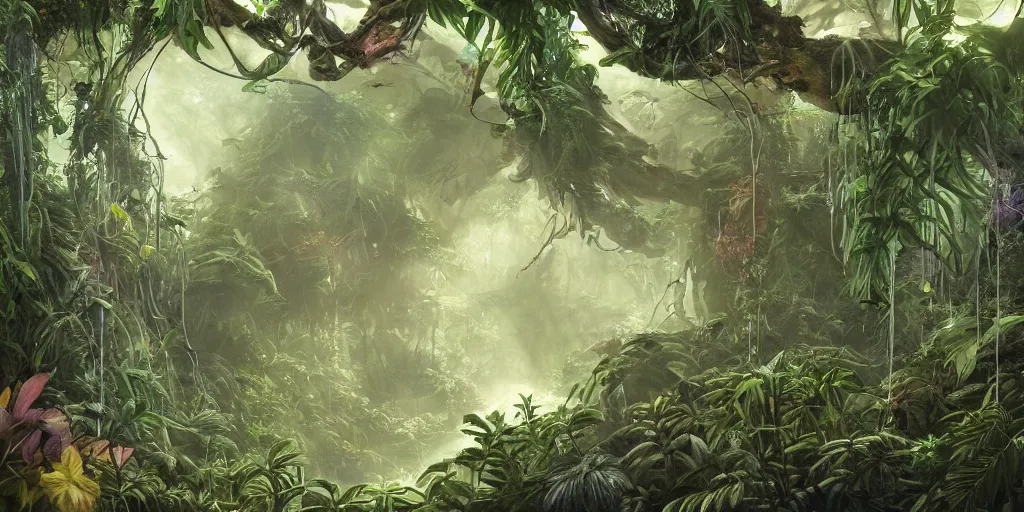 Prompt: A exhuberant tropical jungle, by studio ghibli, michelangelo and raphael, lurking glowing eyes in the dark, biopunk, dna biology experiment, hanging vines, highly detailed, overgrown vegetation, mosh on the trees, digital painting, matte painting, concept art, illustration, oppressive lighting, trending on artstation, very detailed, chiaroscuro,