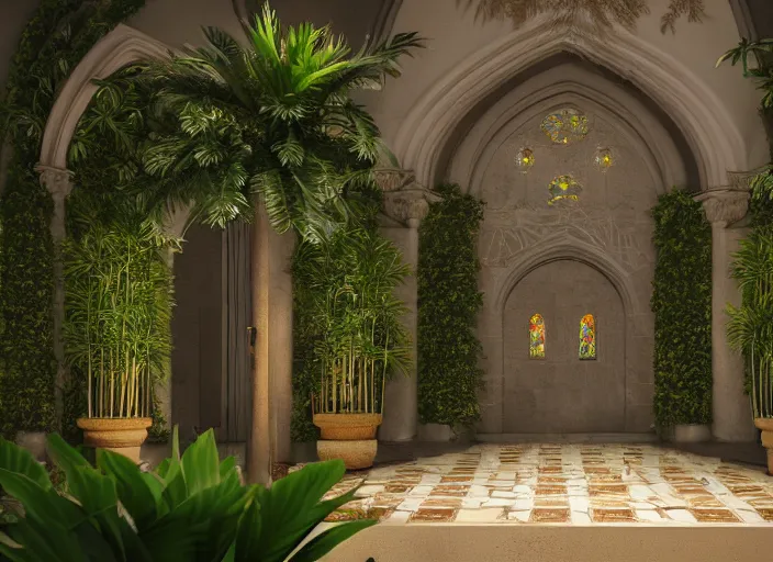 Image similar to cathedral interior with koi pond in the middle surrounded by palm trees, ivy, flowers, tropical plants, roses, and with archways. rendered in octane render with photorealistic lighting