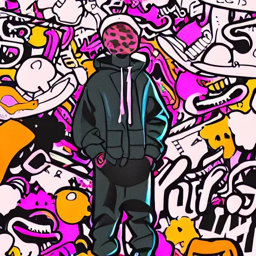 Prompt: streetwear fashion influencer character illustration influenced by kaws