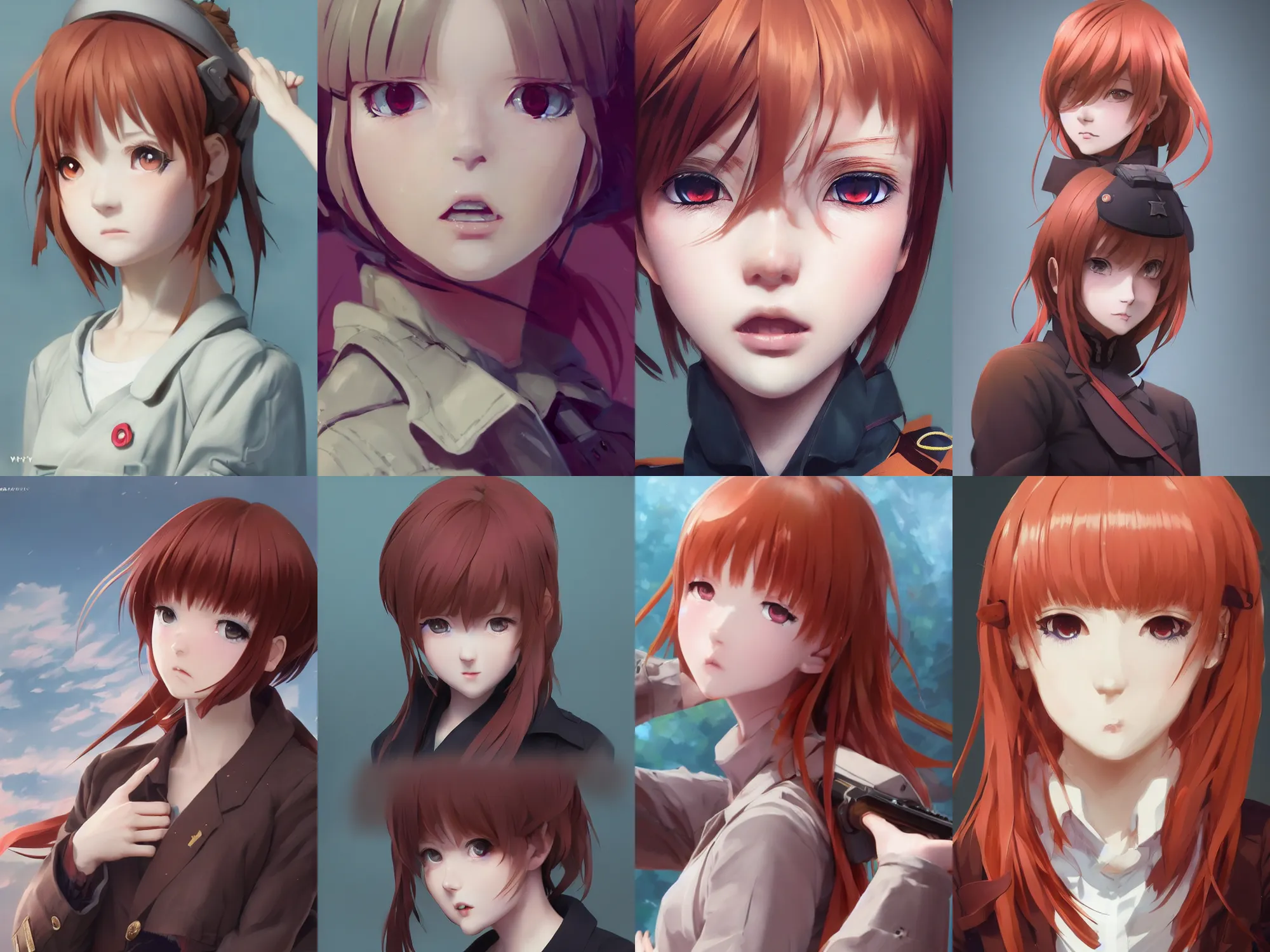 Prompt: Very complicated dynamic composition, realistic anime style at Pixiv CGSociety by WLOP, ilya kuvshinov, krenz cushart, Greg Rutkowski, trending on artstation. Zbrush sculpt colored, Octane render in Maya and Houdini VFX, close-up portrait of young redhead girl in motion, she is cute, innocent, frightened, wearing military uniform, silky hair, stunning deep eyes. Very expressive and inspirational. Amazing textured brush strokes. Cinematic dramatic soft volumetric studio lighting