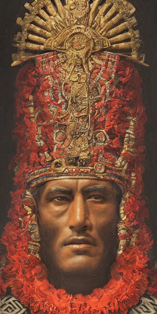 Prompt: a stunning and noble highly detailed romantic period style portrait of the head of Aztec emperor Montezuma, by Josep Tapiró Baró, trending on artstation, oil painting masterpiece, symmetry, fractals, Aztec iconography