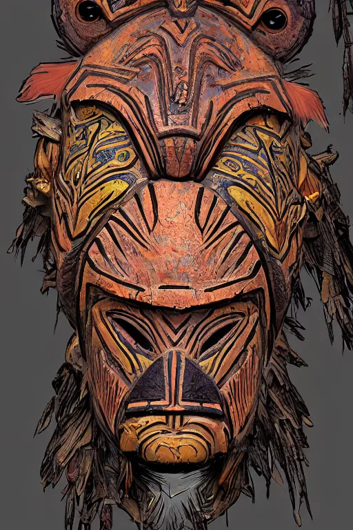 Image similar to totem animal tribal vodoo mask feather gemstone plant global illumination ray tracing hdr that looks like it is from borderlands and by feng zhu and loish and laurie greasley, victo ngai, andreas rocha, john harris