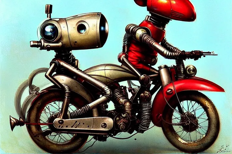 Image similar to adventurer ( ( ( ( ( 1 9 5 0 s retro future robot android mouse riding a motorcycle. muted colors. ) ) ) ) ) by jean baptiste monge!!!!!!!!!!!!!!!!!!!!!!!!! chrome red